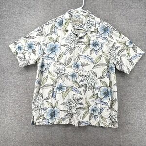 Tommy Bahama Hawaiian Shirt Men Size Medium Short Sleeve Silk White Floral Relax
